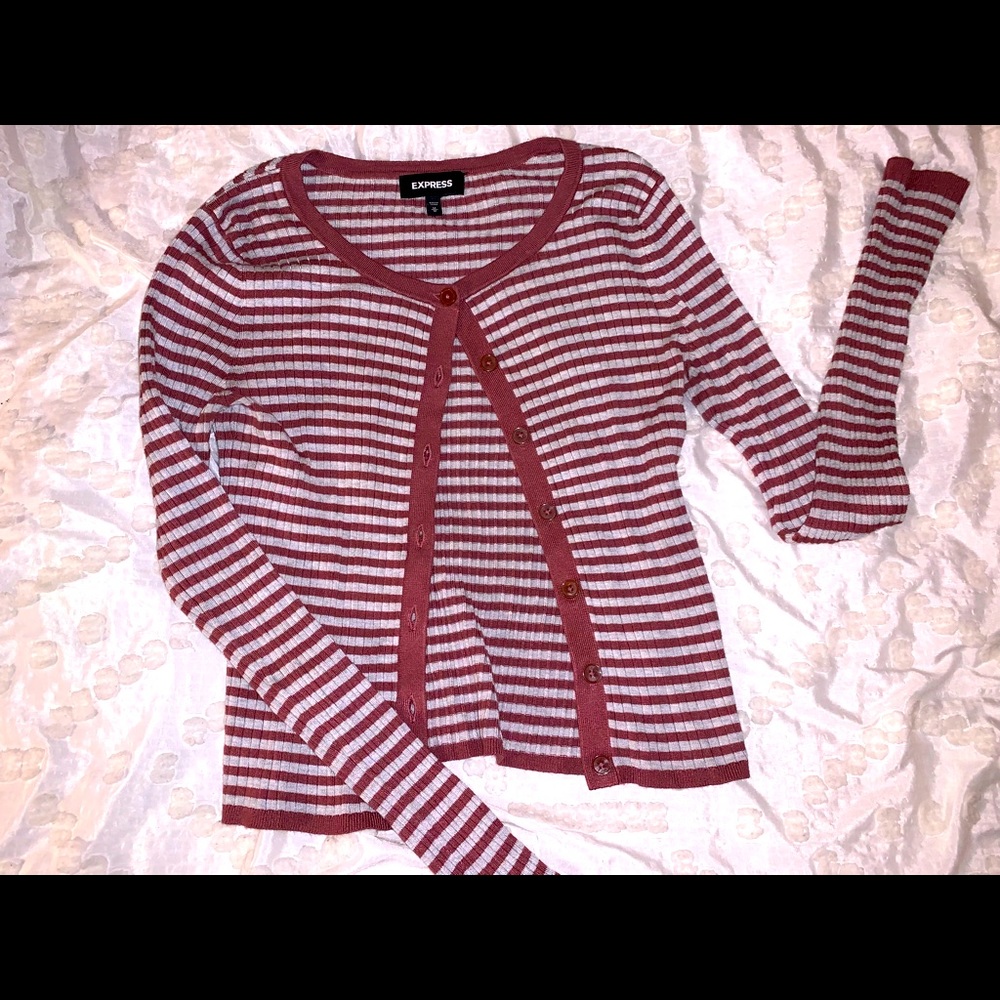 Express button up mauve and grey stripped sweater